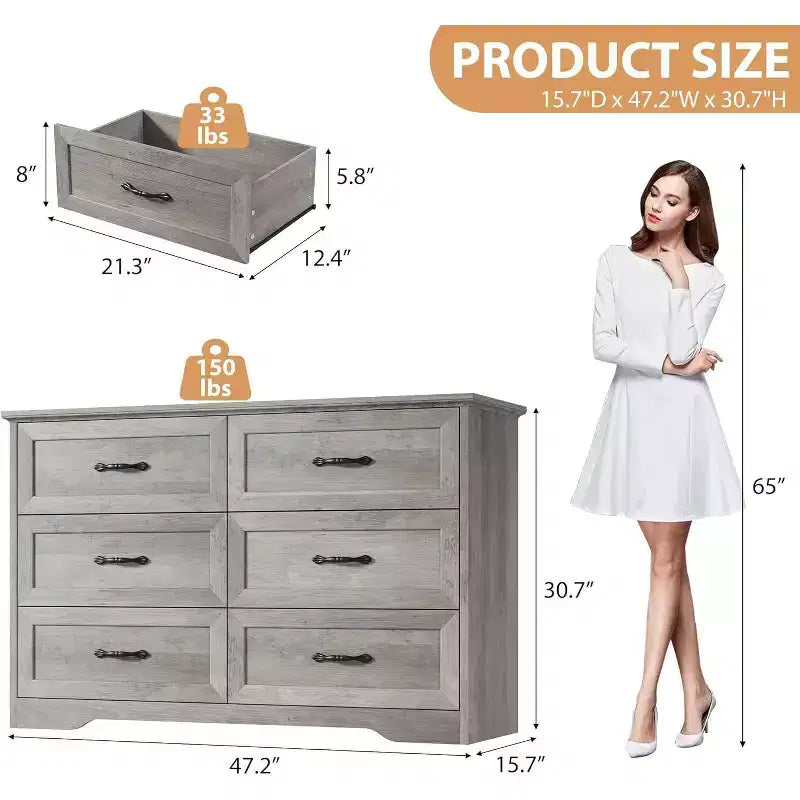 Kommode mit 6 Schubladen fürs Schlafzimmer, 47-Holzschrank mit Metallgriffen, moderne Schubladenkommode für Wohnzimmer, Flur und Kleiderschrank