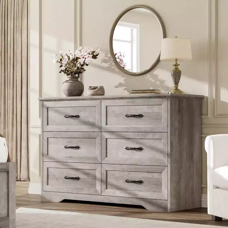 Cómoda de 6 cajones para dormitorio,47armario de almacenamiento de madera para el hogar con tiradores metálicos, cómoda moderna para la sala de estar, el pasillo o el armario