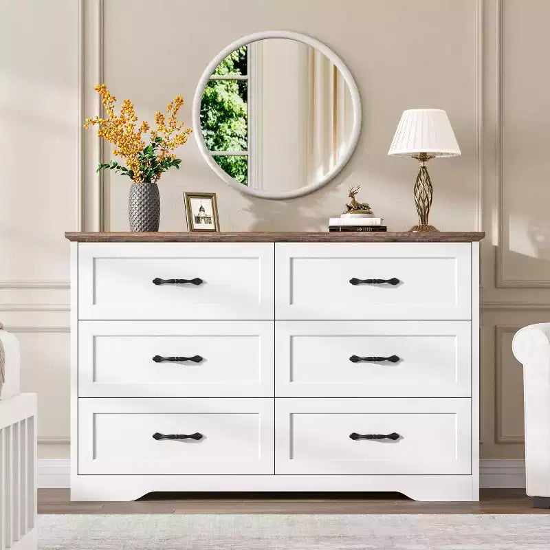 Cómoda de 6 cajones para dormitorio,47armario de almacenamiento de madera para el hogar con tiradores metálicos, cómoda moderna para la sala de estar, el pasillo o el armario