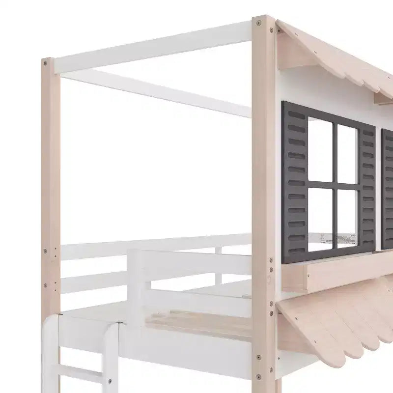 Litera tipo casita para niños, con dos camas individuales, litera Montessori baja de madera, escalera de fácil acceso a la cama superior