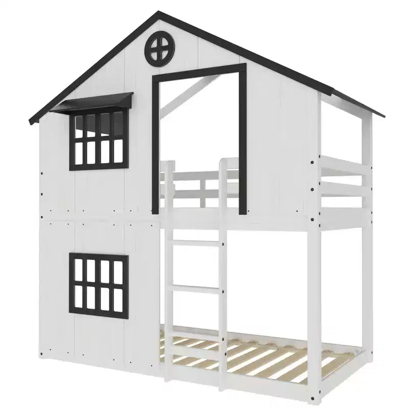 Litera tipo casita para niños, con dos camas individuales, litera Montessori baja de madera, escalera de fácil acceso a la cama superior
