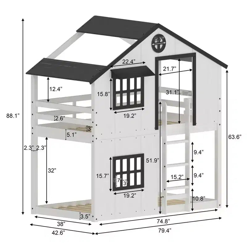 Litera tipo casita para niños, con dos camas individuales, litera Montessori baja de madera, escalera de fácil acceso a la cama superior