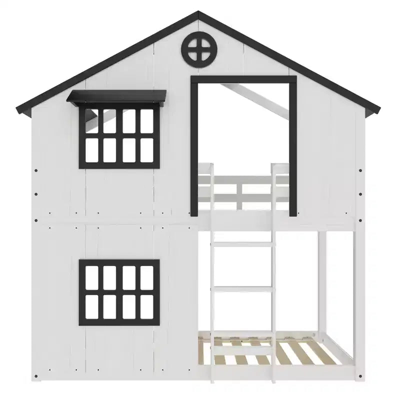 Litera tipo casita para niños, con dos camas individuales, litera Montessori baja de madera, escalera de fácil acceso a la cama superior