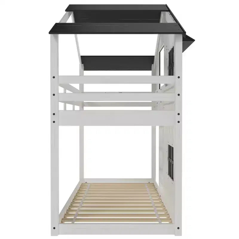 Litera tipo casita para niños, con dos camas individuales, litera Montessori baja de madera, escalera de fácil acceso a la cama superior