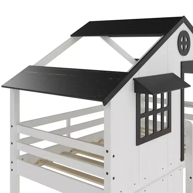 Litera tipo casita para niños, con dos camas individuales, litera Montessori baja de madera, escalera de fácil acceso a la cama superior