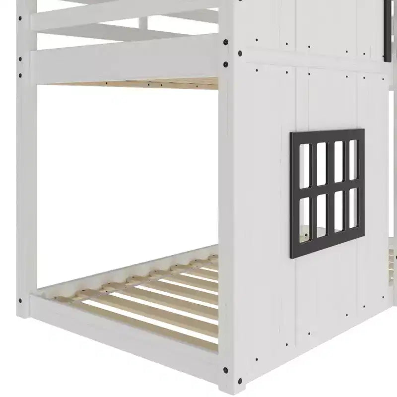 Litera tipo casita para niños, con dos camas individuales, litera Montessori baja de madera, escalera de fácil acceso a la cama superior