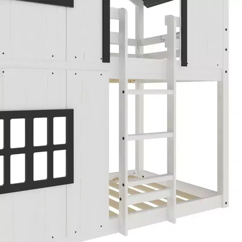 Litera tipo casita para niños, con dos camas individuales, litera Montessori baja de madera, escalera de fácil acceso a la cama superior