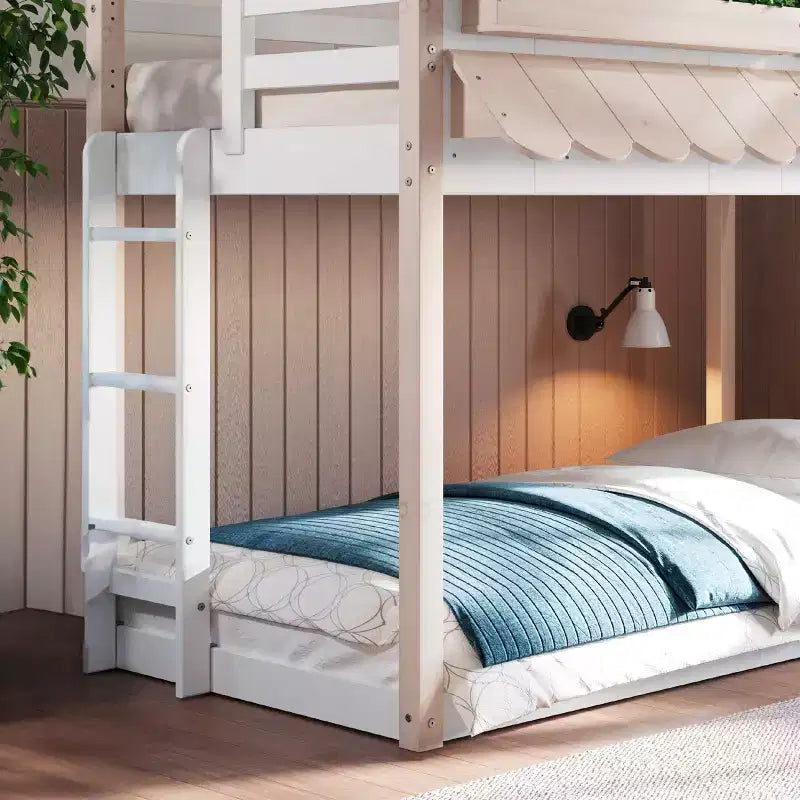 Litera tipo casita para niños, con dos camas individuales, litera Montessori baja de madera, escalera de fácil acceso a la cama superior