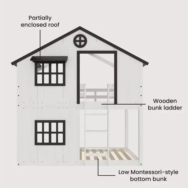 Litera tipo casita para niños, con dos camas individuales, litera Montessori baja de madera, escalera de fácil acceso a la cama superior