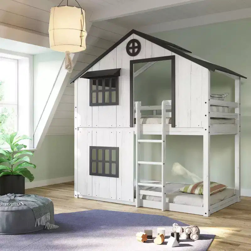 Litera tipo casita para niños, con dos camas individuales, litera Montessori baja de madera, escalera de fácil acceso a la cama superior