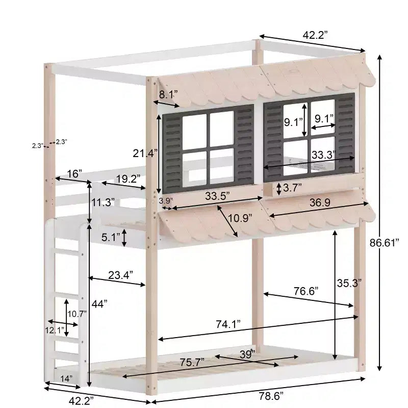 Litera tipo casita para niños, con dos camas individuales, litera Montessori baja de madera, escalera de fácil acceso a la cama superior