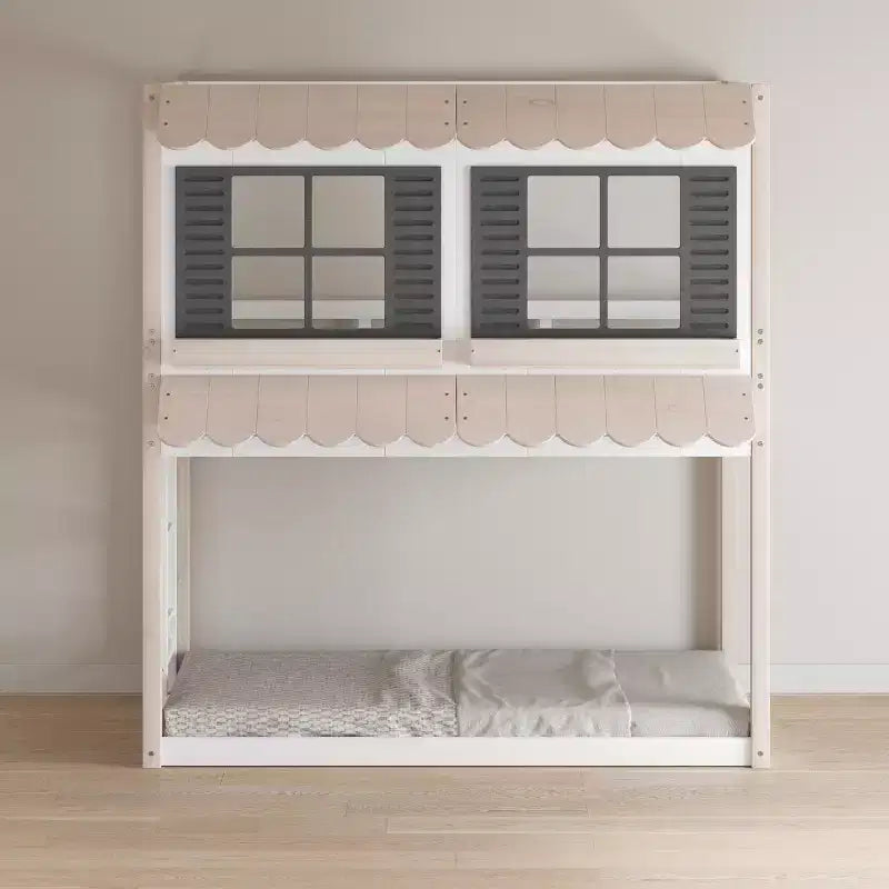 Litera tipo casita para niños, con dos camas individuales, litera Montessori baja de madera, escalera de fácil acceso a la cama superior