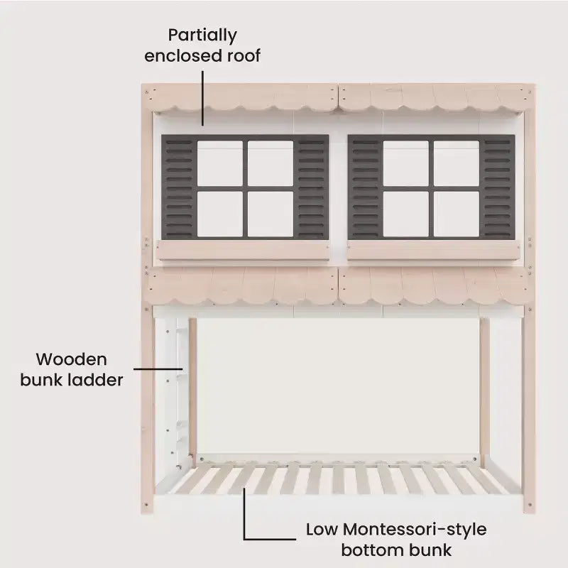 Litera tipo casita para niños, con dos camas individuales, litera Montessori baja de madera, escalera de fácil acceso a la cama superior