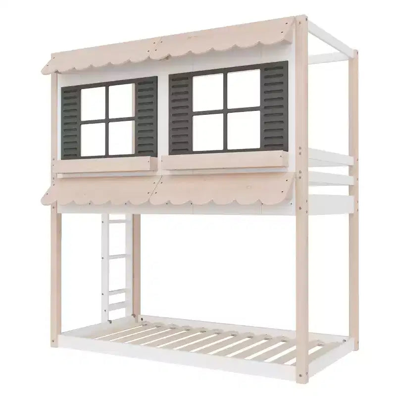 Litera tipo casita para niños, con dos camas individuales, litera Montessori baja de madera, escalera de fácil acceso a la cama superior