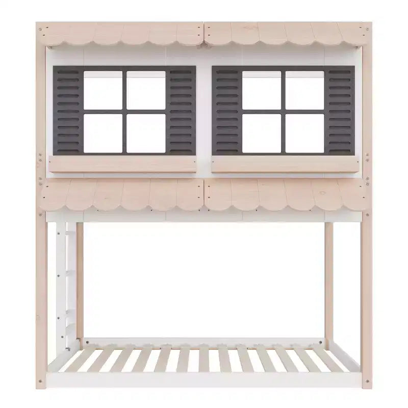 Litera tipo casita para niños, con dos camas individuales, litera Montessori baja de madera, escalera de fácil acceso a la cama superior