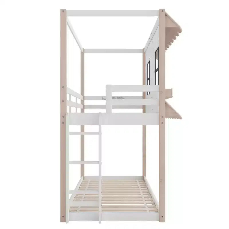 Litera tipo casita para niños, con dos camas individuales, litera Montessori baja de madera, escalera de fácil acceso a la cama superior
