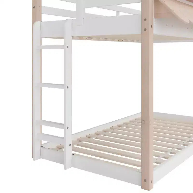 Litera tipo casita para niños, con dos camas individuales, litera Montessori baja de madera, escalera de fácil acceso a la cama superior
