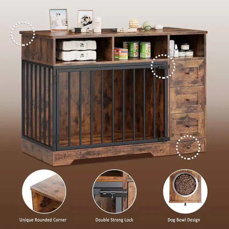 48-Möbelhundebox im Landhausstil mit ausziehbarem Napf und Aufbewahrungsschubladen, besonders robuste Hundehütte als Möbelstück für kleine und mittelgroße Hunde, für den Innenbereich