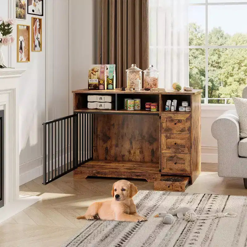 48-Möbelhundebox im Landhausstil mit ausziehbarem Napf und Aufbewahrungsschubladen, besonders robuste Hundehütte als Möbelstück für kleine und mittelgroße Hunde, für den Innenbereich