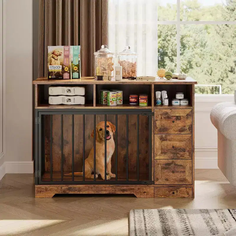 48-Möbelhundebox im Landhausstil mit ausziehbarem Napf und Aufbewahrungsschubladen, besonders robuste Hundehütte als Möbelstück für kleine und mittelgroße Hunde, für den Innenbereich