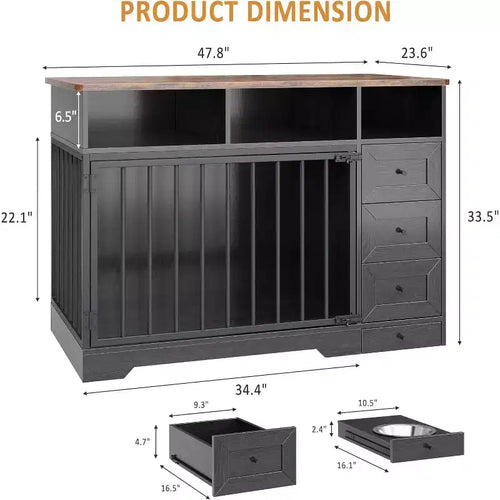 Meuble cage pour chien de style rustique de 48, table d’appoint avec gamelle coulissante et tiroirs de rangement, cage robuste pour petits et moyens chiens d’intérieur