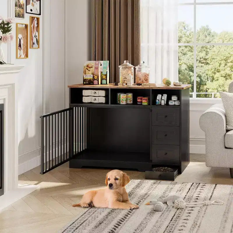 48-Möbelhundebox im Landhausstil mit ausziehbarem Napf und Aufbewahrungsschubladen, besonders robuste Hundehütte als Möbelstück für kleine und mittelgroße Hunde, für den Innenbereich