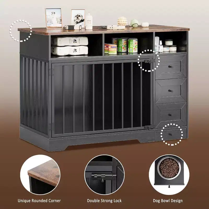 48Mueble jaula para perros de estilo rústico, mesa auxiliar con cuenco extraíble y cajones de almacenamiento, jaula resistente para perros pequeños y medianos, para interiores