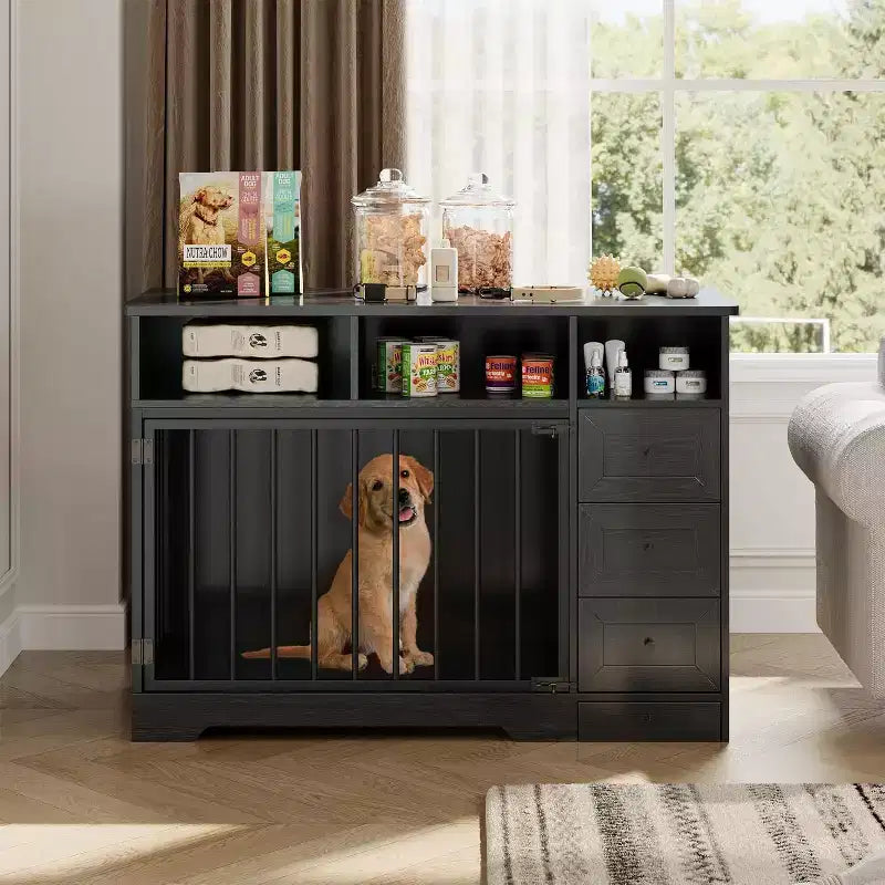 48Mueble jaula para perros de estilo rústico, mesa auxiliar con cuenco extraíble y cajones de almacenamiento, jaula resistente para perros pequeños y medianos, para interiores