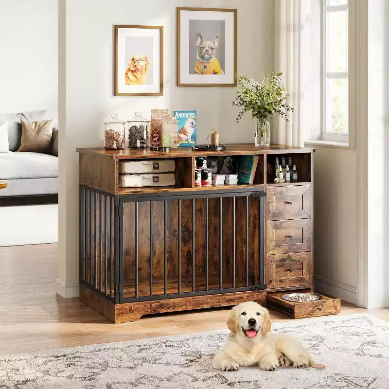 48Mueble jaula para perros de estilo rústico, mesa auxiliar con cuenco extraíble y cajones de almacenamiento, jaula resistente para perros pequeños y medianos, para interiores
