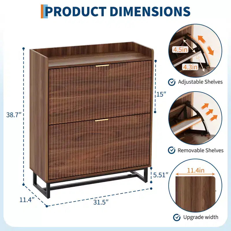 Armario zapatero con 2 cajones abatibles, organizador de zapatos estrecho de madera con diseño estriado y compartimentos ocultos para la entrada, color nogal