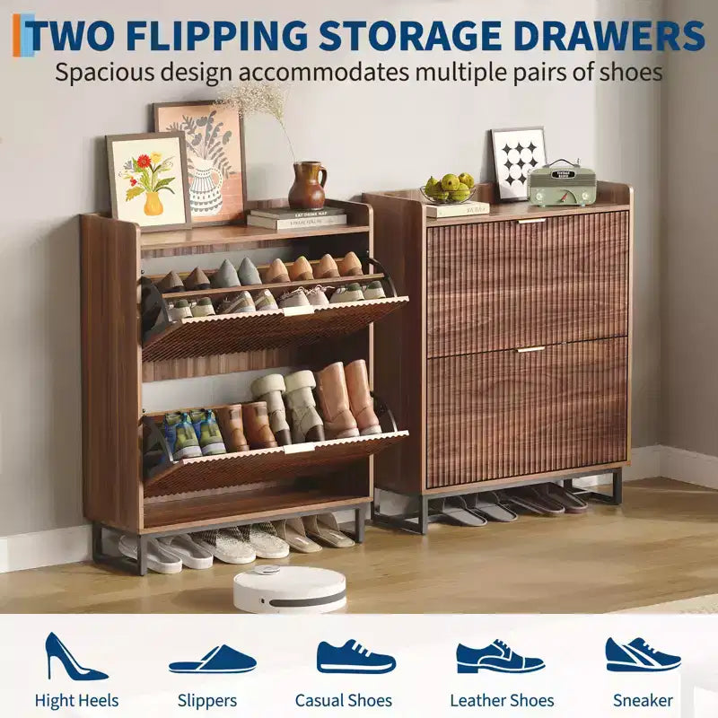 Meuble à chaussures avec 2 tiroirs basculants, rangement étroit en bois à façades cannelées, dissimulé, pour entrée, noyer