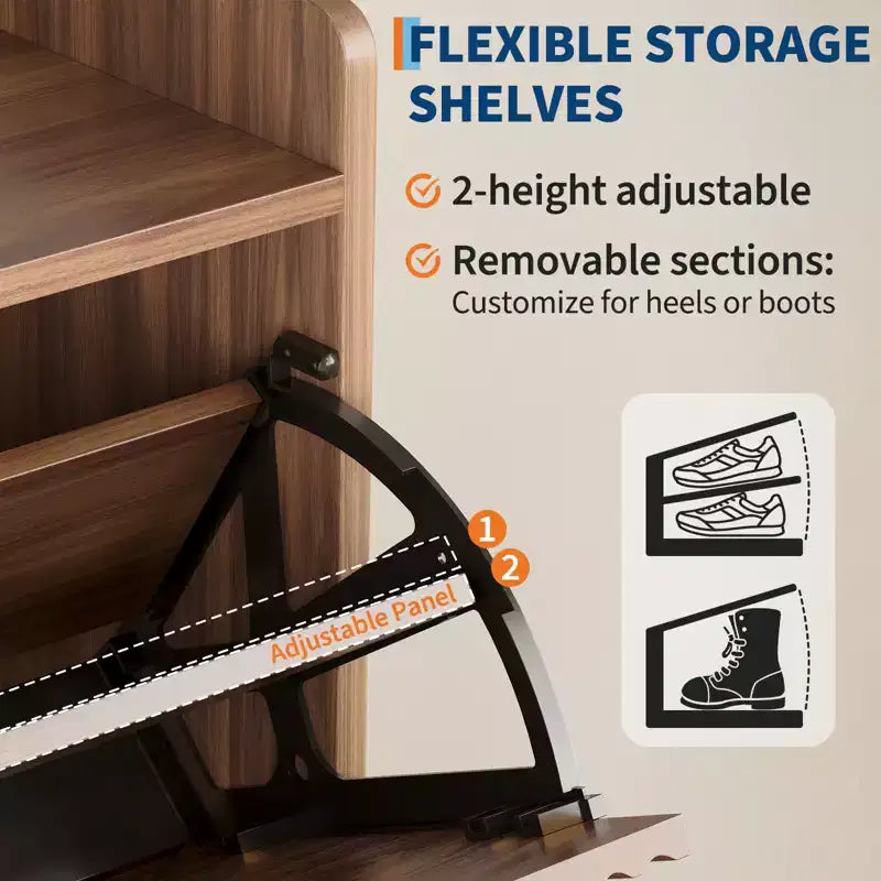 Armario zapatero con 2 cajones abatibles, organizador de zapatos estrecho de madera con diseño estriado y compartimentos ocultos para la entrada, color nogal