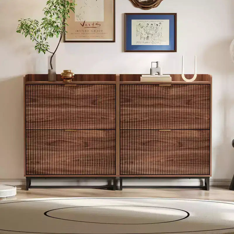 Meuble à chaussures avec 2 tiroirs basculants, rangement étroit en bois à façades cannelées, dissimulé, pour entrée, noyer