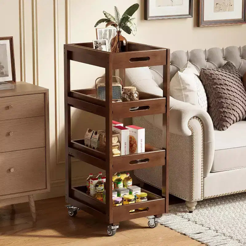 Carrito de almacenamiento de madera maciza, carrito de cocina estrecho y móvil de 4 niveles con ruedas para espacios pequeños, sala de estar, comedor y lavandería, color nogal