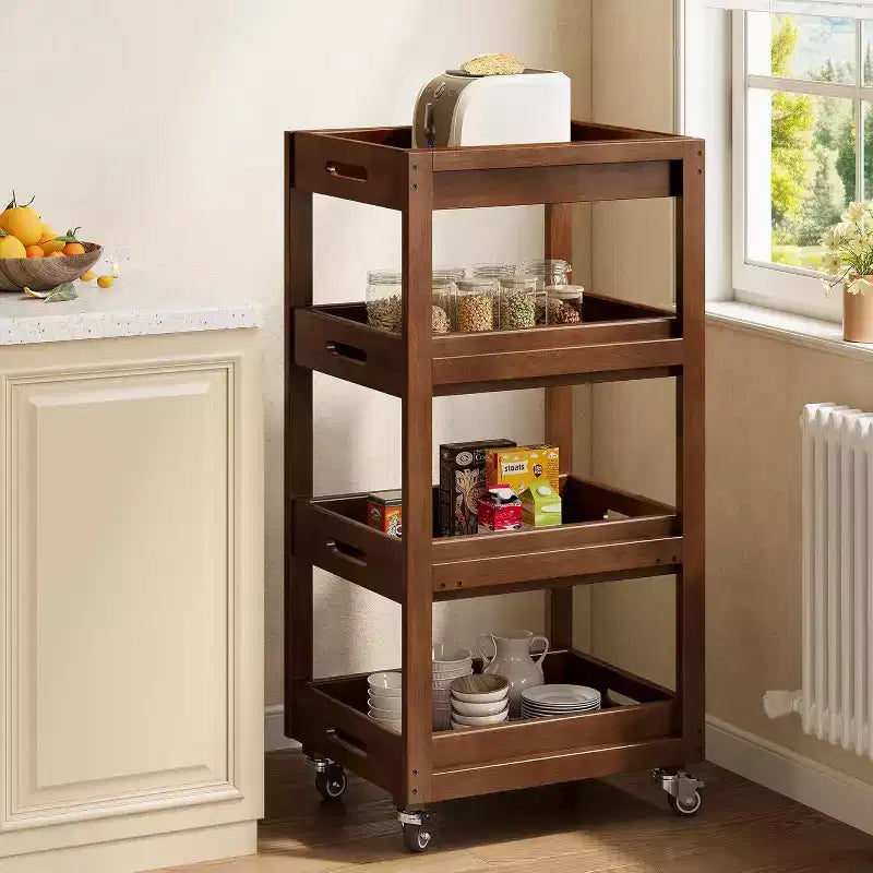 Carrito de almacenamiento de madera maciza, carrito de cocina estrecho y móvil de 4 niveles con ruedas para espacios pequeños, sala de estar, comedor y lavandería, color nogal