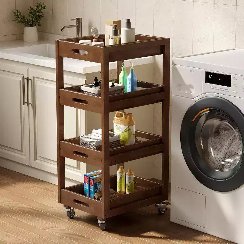 Carrito de almacenamiento de madera maciza, carrito de cocina estrecho y móvil de 4 niveles con ruedas para espacios pequeños, sala de estar, comedor y lavandería, color nogal