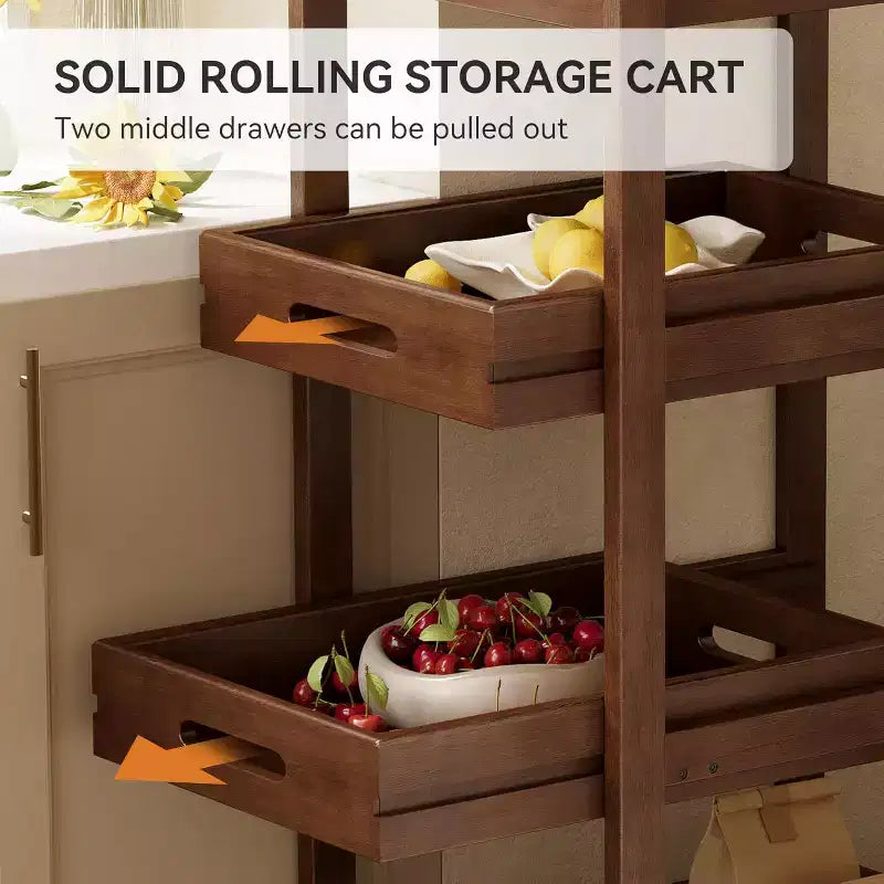 Carrito de almacenamiento de madera maciza, carrito de cocina estrecho y móvil de 4 niveles con ruedas para espacios pequeños, sala de estar, comedor y lavandería, color nogal