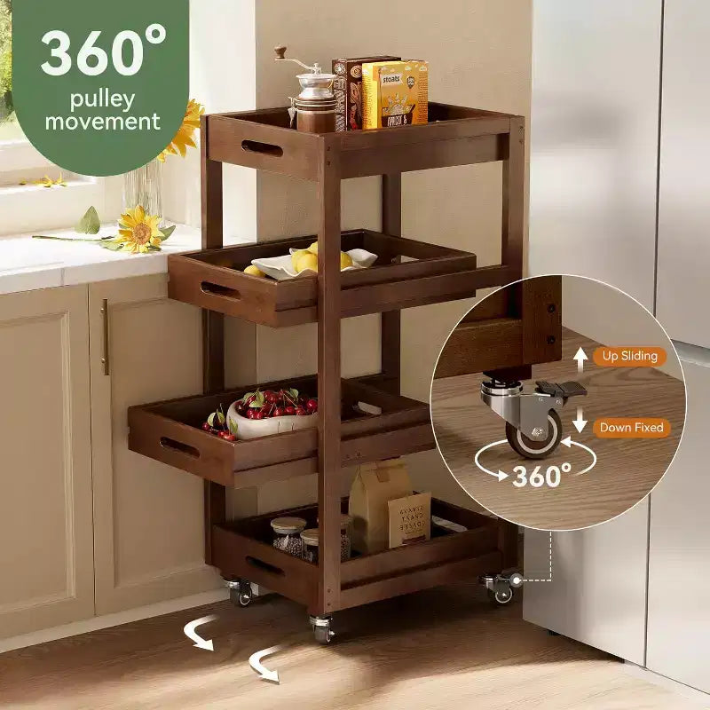 Carrito de almacenamiento de madera maciza, carrito de cocina estrecho y móvil de 4 niveles con ruedas para espacios pequeños, sala de estar, comedor y lavandería, color nogal