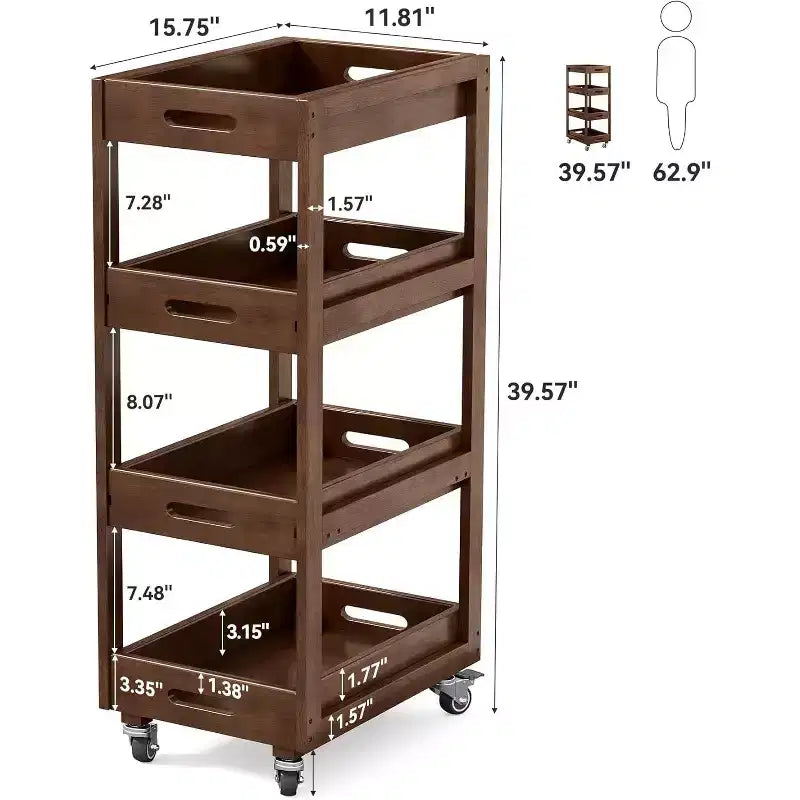 Carrito de almacenamiento de madera maciza, carrito de cocina estrecho y móvil de 4 niveles con ruedas para espacios pequeños, sala de estar, comedor y lavandería, color nogal
