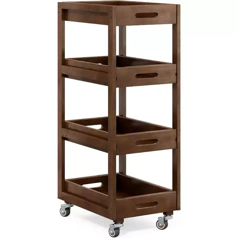 Carrito de almacenamiento de madera maciza, carrito de cocina estrecho y móvil de 4 niveles con ruedas para espacios pequeños, sala de estar, comedor y lavandería, color nogal