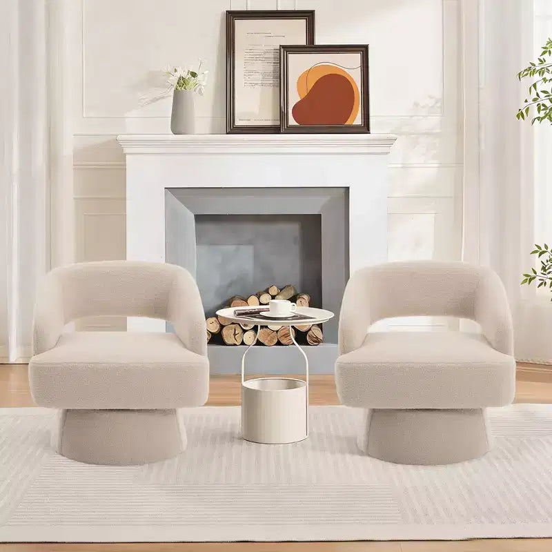 Sillón barril giratorio de 360, tapizado en tejido teddy fleece para sala de estar, respaldo calado ergonómico, sillón decorativo para dormitorio, oficina y apartamento