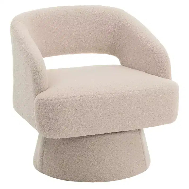 Sillón barril giratorio de 360, tapizado en tejido teddy fleece para sala de estar, respaldo calado ergonómico, sillón decorativo para dormitorio, oficina y apartamento