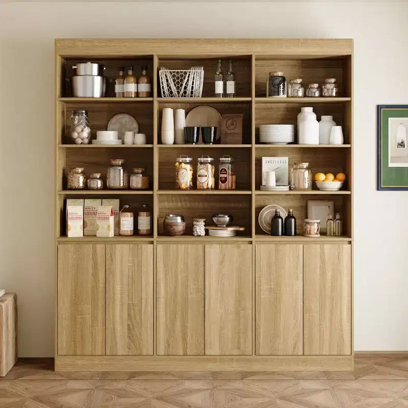 Despensa de cocina de gran capacidad, 70.9, con 12 estantes abiertos y almacenamiento con 6 puertas, aparador con acabado de roble para cocina y comedor
