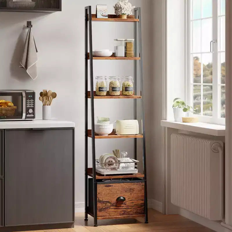 Leiterregal mit 6 Ebenen, Schublade, hoch, industrieller Stil, freistehendes Aufbewahrungsregal aus Holz und Metall, Etagerenregal für Homeoffice und Wohnräume