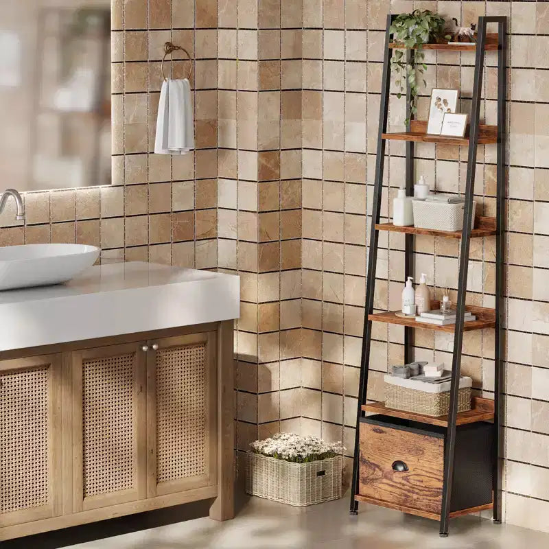 Leiterregal mit 6 Ebenen, Schublade, hoch, industrieller Stil, freistehendes Aufbewahrungsregal aus Holz und Metall, Etagerenregal für Homeoffice und Wohnräume