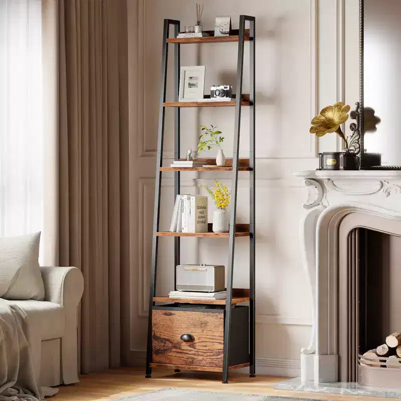 Leiterregal mit 6 Ebenen, Schublade, hoch, industrieller Stil, freistehendes Aufbewahrungsregal aus Holz und Metall, Etagerenregal für Homeoffice und Wohnräume