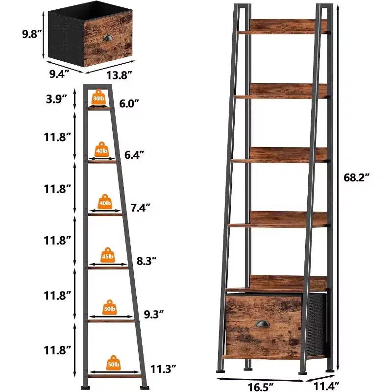 Librero escalonado de 6 niveles con cajón, estantería alta industrial independiente de madera y metal, estantería de exhibición para oficina en casa