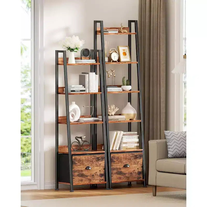 Leiterregal mit 6 Ebenen, Schublade, hoch, industrieller Stil, freistehendes Aufbewahrungsregal aus Holz und Metall, Etagerenregal für Homeoffice und Wohnräume