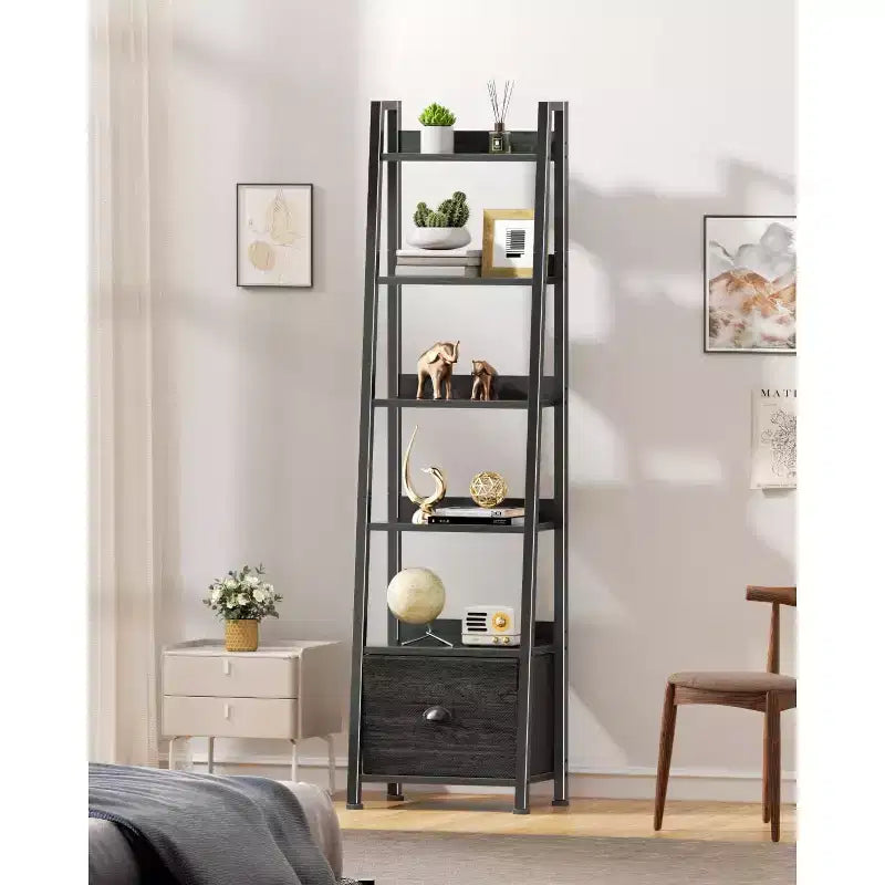 Schwarzes Leiterregal mit 6 Ebenen, Schublade, hoch, industrieller Stil, freistehendes Aufbewahrungsregal aus Holz und Metall, Etagerenregal für Homeoffice und Wohnräume
