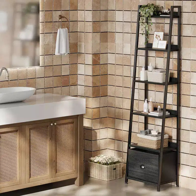 Schwarzes Leiterregal mit 6 Ebenen, Schublade, hoch, industrieller Stil, freistehendes Aufbewahrungsregal aus Holz und Metall, Etagerenregal für Homeoffice und Wohnräume